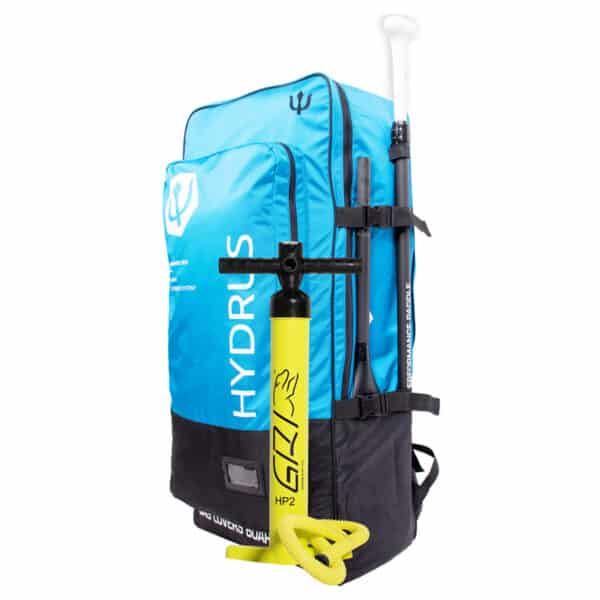 Hydrus ISUP Bag with a side paddle and pump.
