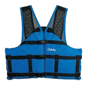 Cabela's blue life jacket.